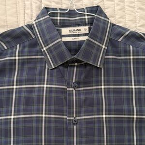 Murano - Men's Slim Fit Navy and Green Plaid Button Down Shirt- 16 1/2-34